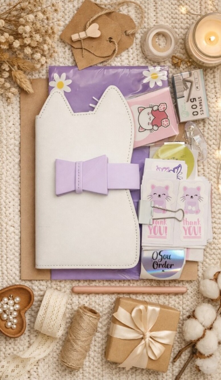 Cat‑Themed Stationery & Packaging Bundle – Warm Cozy Set